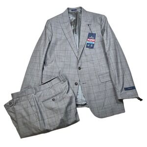 Stafford Gray Plaid Wool Suit Mens 44R 2 Piece Pants 40x28 Blend Classic Fit NEW